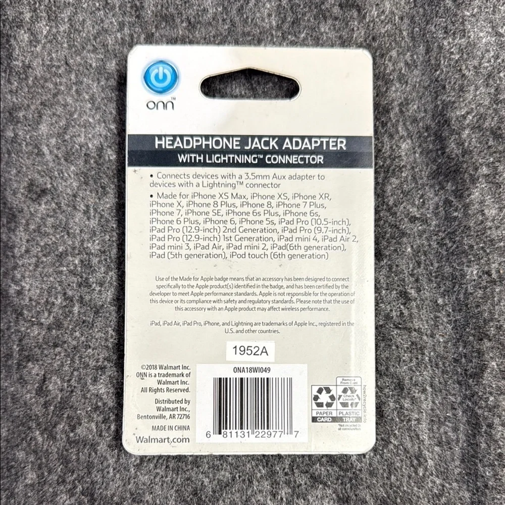 Onn Running White Headphone Jack Adapter with Lightning Connector